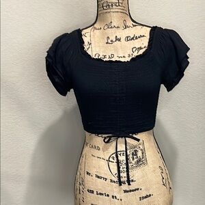 Love Tree Black Ruched Crop Blouse with Cap Sleeves